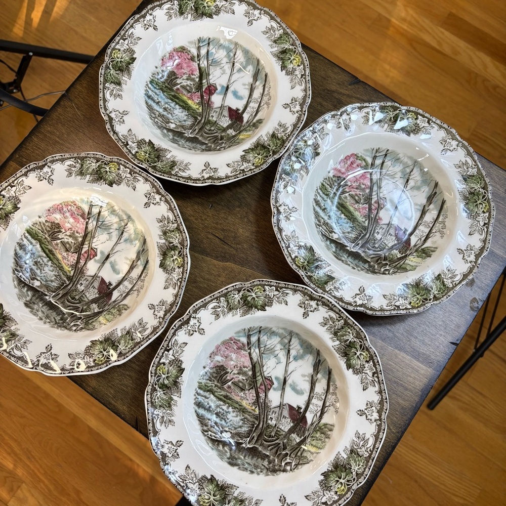 Johnson Brothers Friendly Village 4 Rimmed Soup Bowls Willow by the Brook 8"